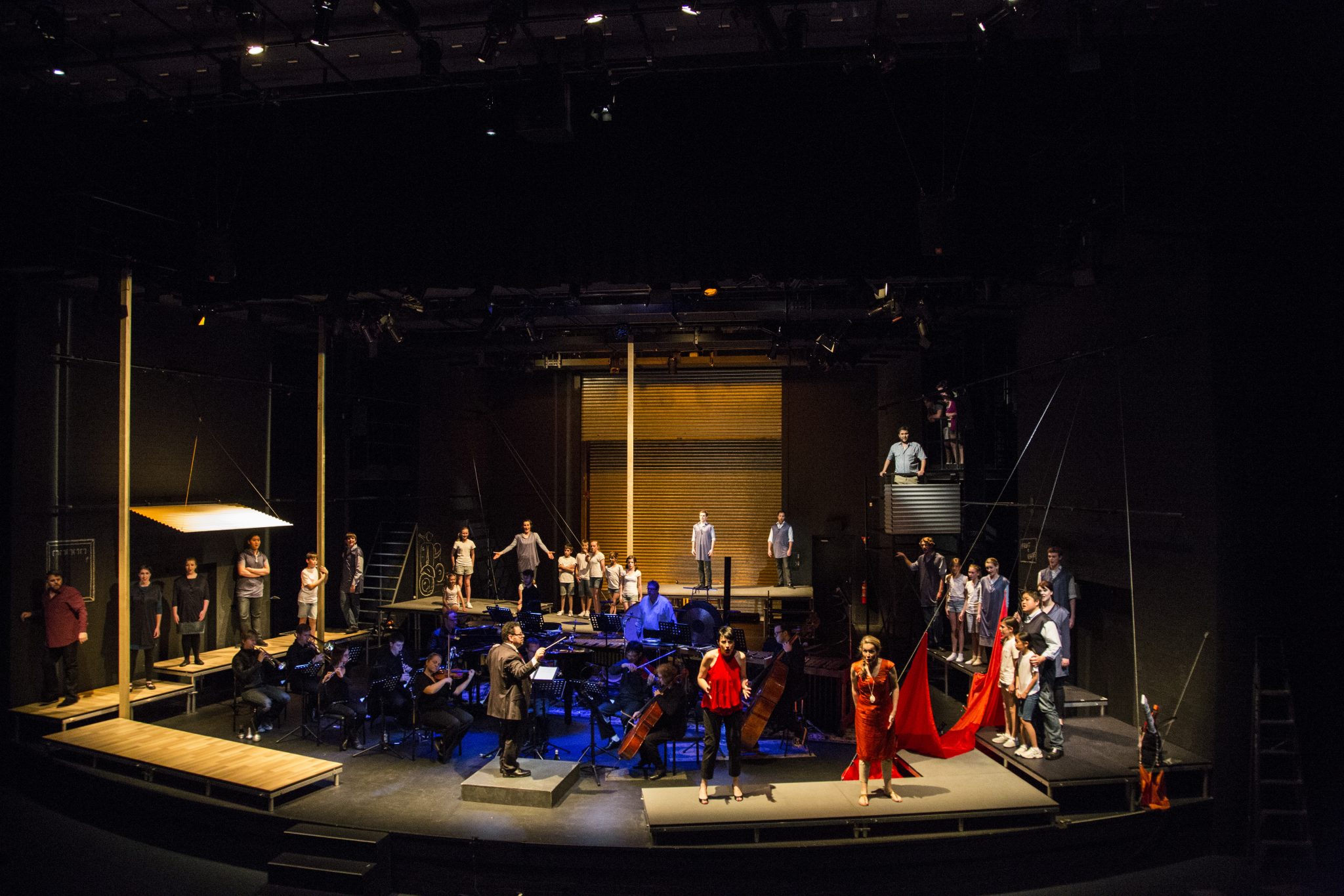 Scene from Sandra France’s opera, Black Sky with cast and musicians on stage